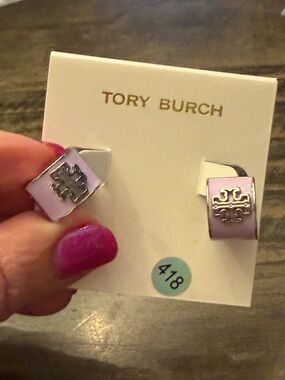 Tory Burch Lavender Enamel Logo Earrings